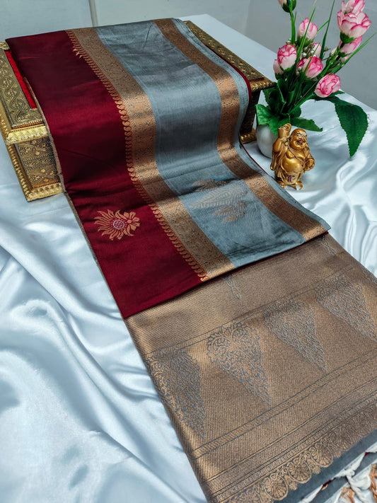 Red and Grey Royal Premium Semi Silk Saree