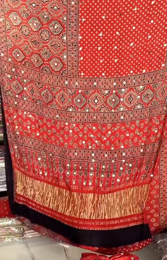 Red Pattern 1 Mirror work Ajrakh Print Pure Dola Gajji Silk Saree