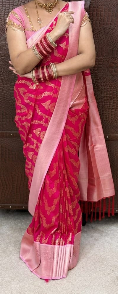 Red and Pink Kanchi Semi Silk Saree