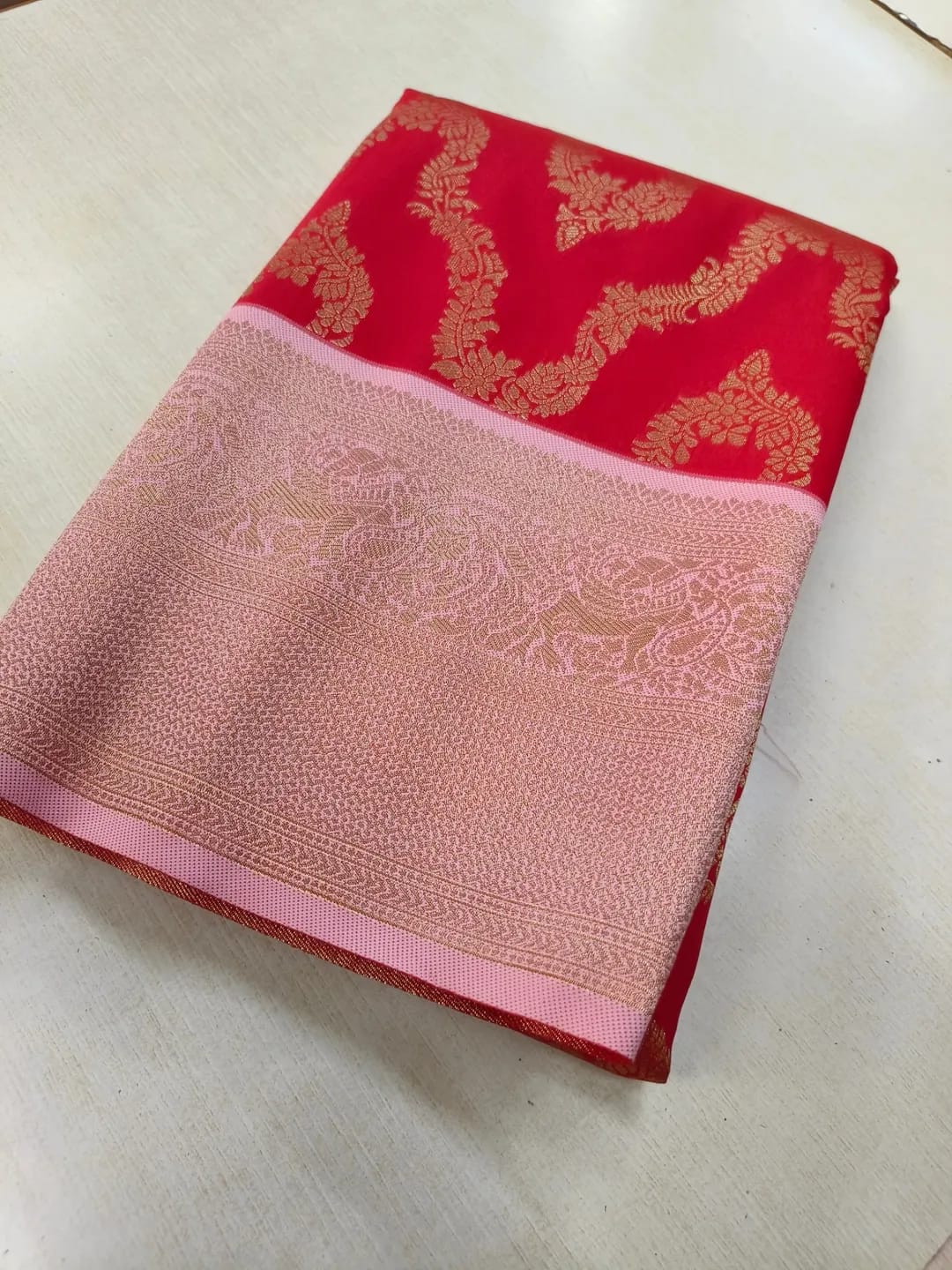 Red and Pink Kanchi Semi Silk Saree