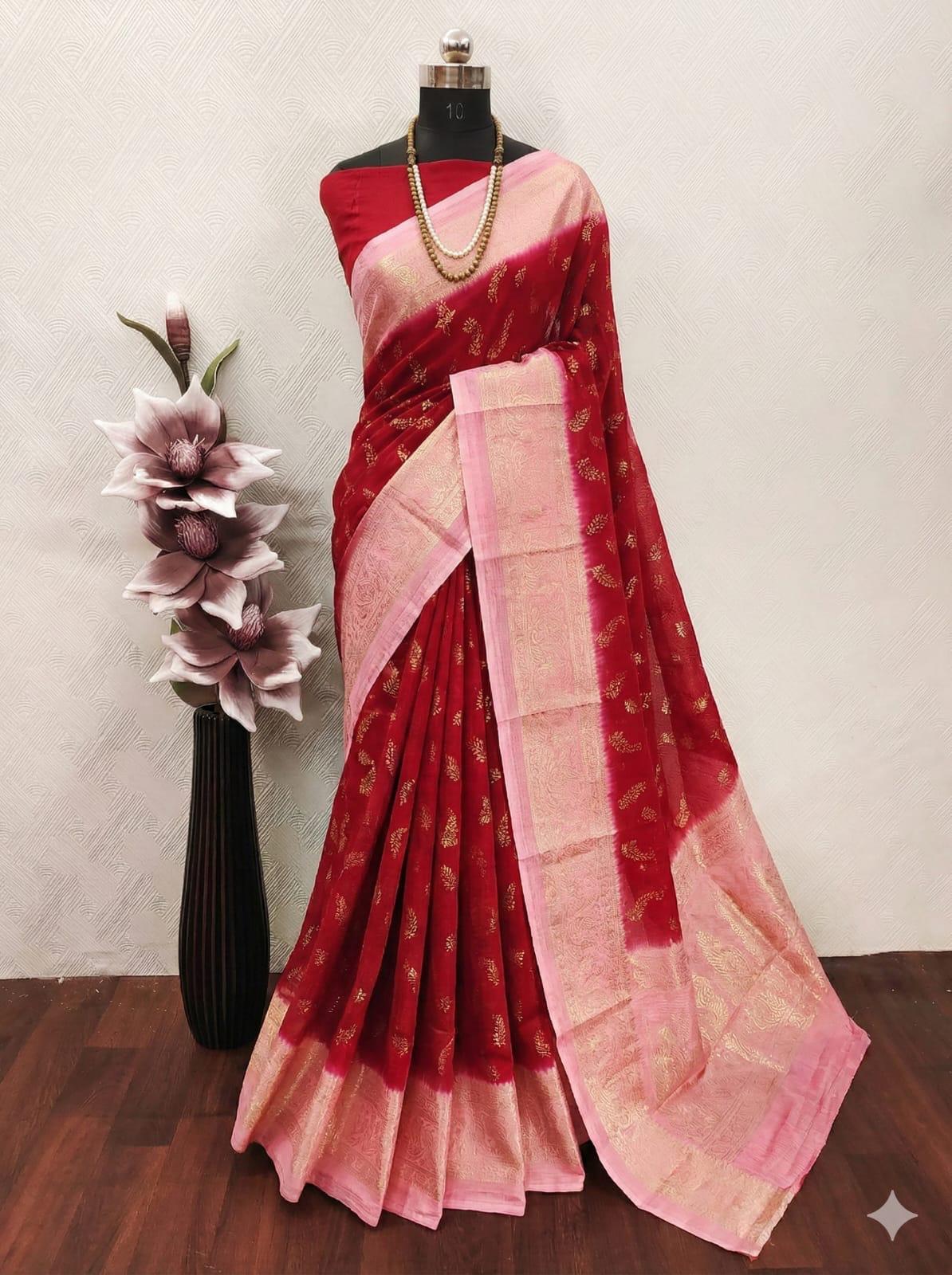 Red and Pink Semi Kanchi Saree