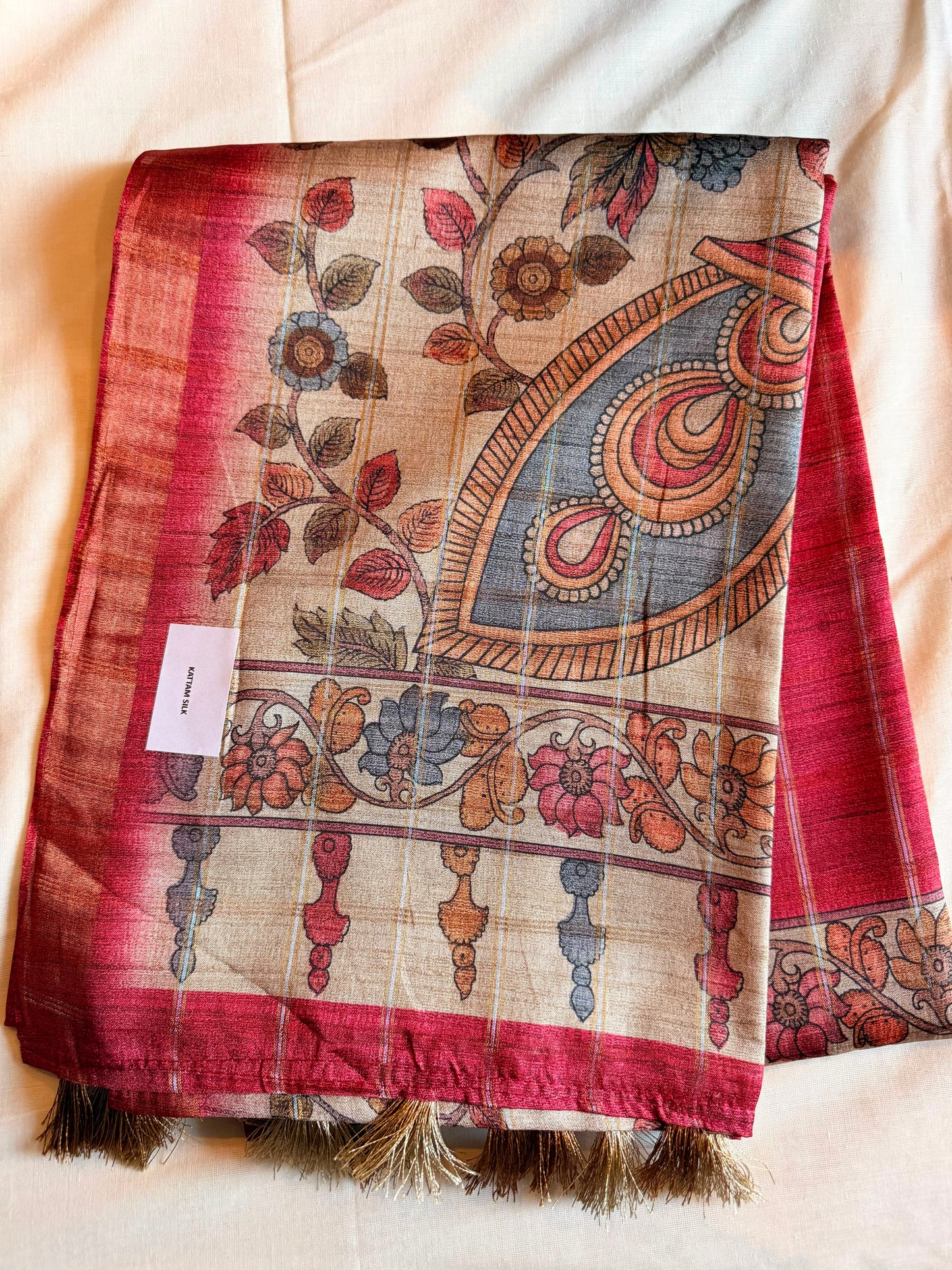 Red Kattam Kalamkari Silk Cotton Saree
