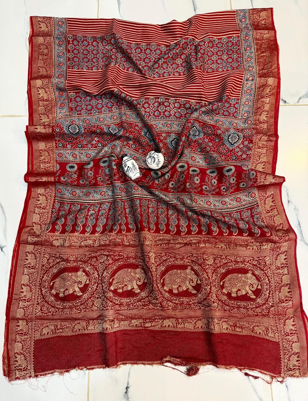 Red Ajrakh Print Pure Dola Silk Saree