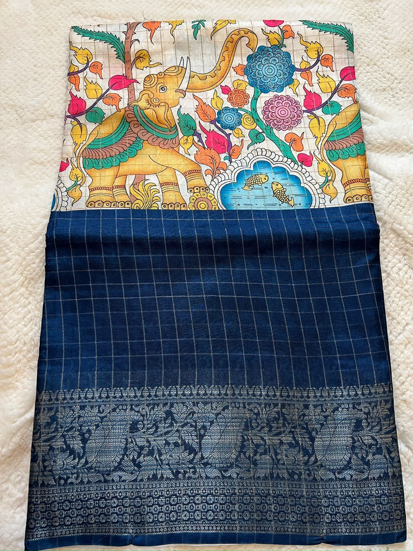 Sandal and Blue Kalamkari Silk Cotton Saree