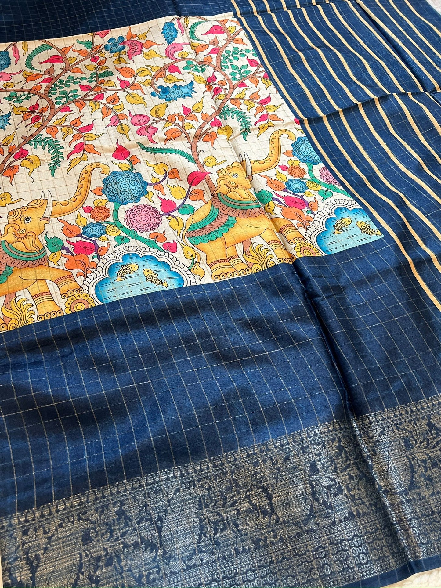 Sandal and Blue Kalamkari Silk Cotton Saree