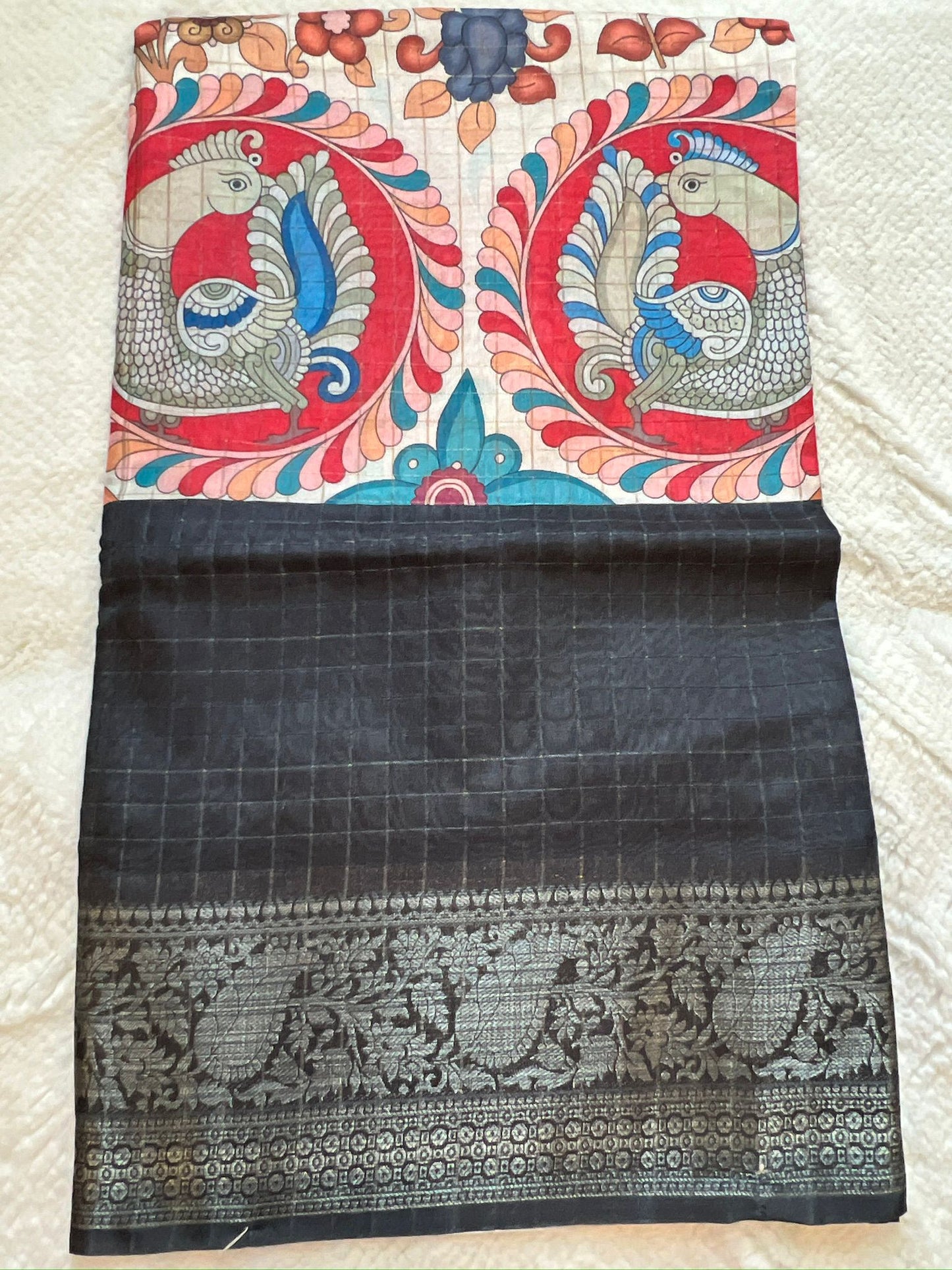 Sandal and Grey Kalamkari Silk Cotton Saree