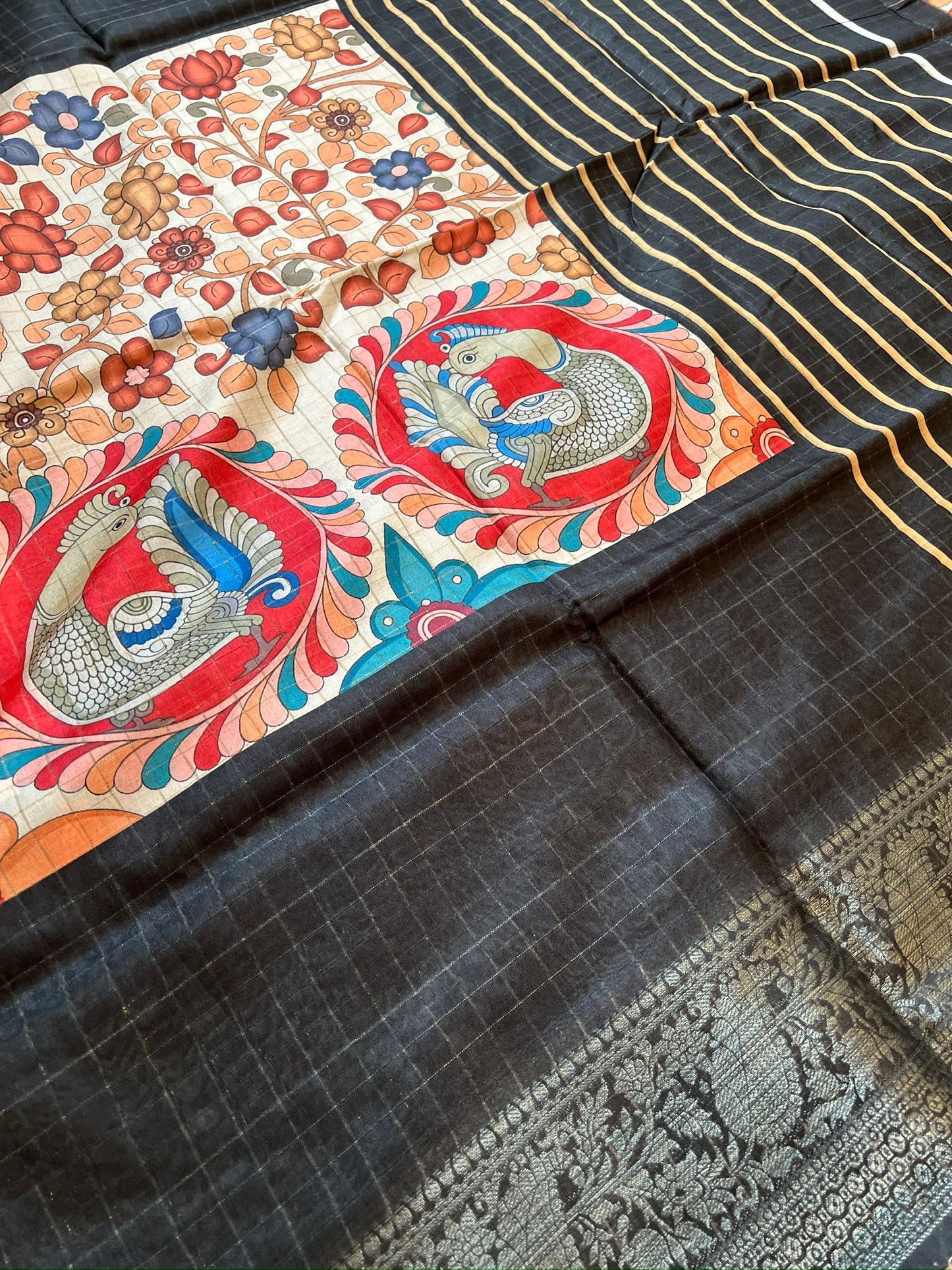 Sandal and Grey Kalamkari Silk Cotton Saree