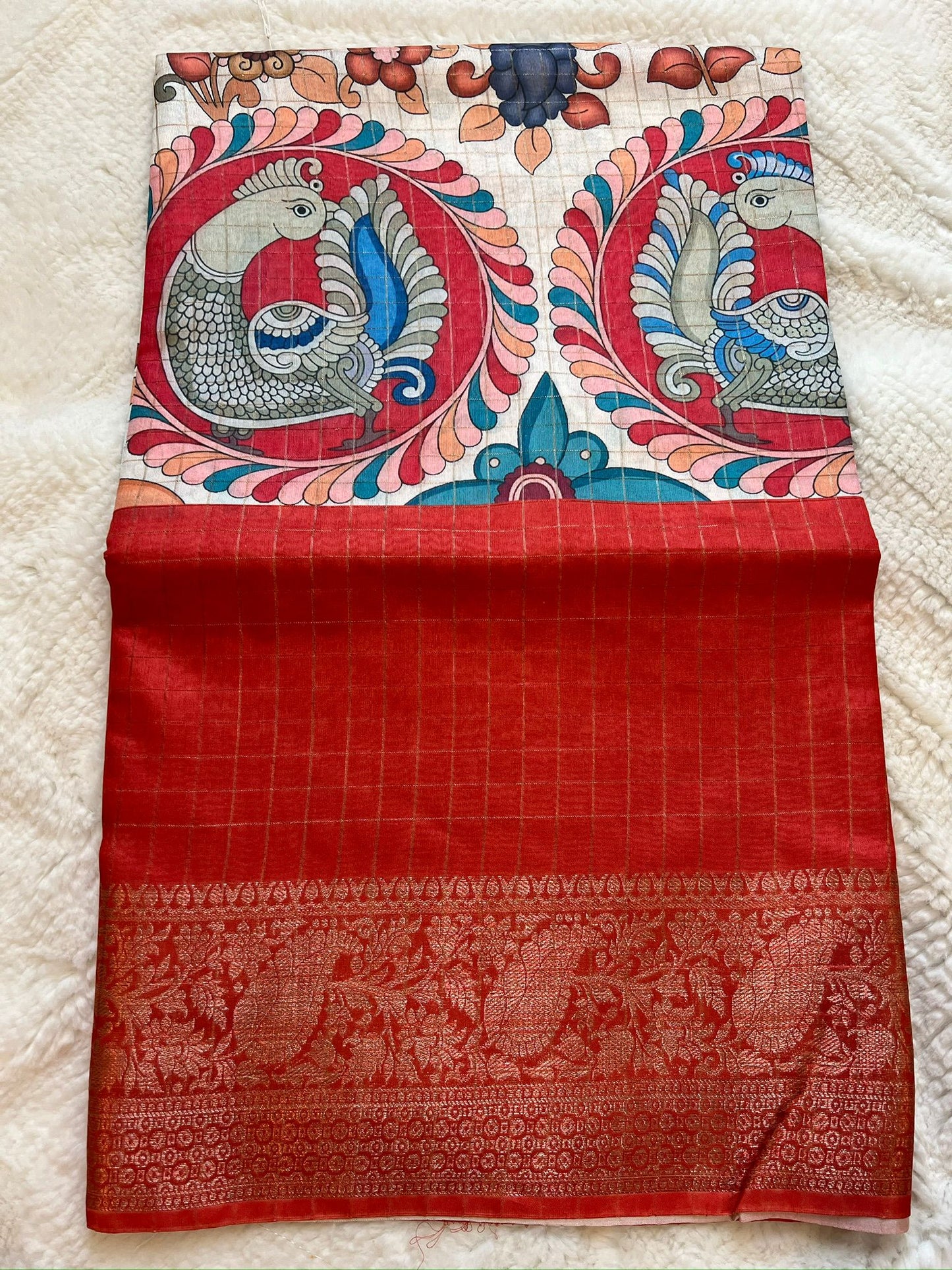 Sandal and Tomato Red Kalamkari Silk Cotton Saree