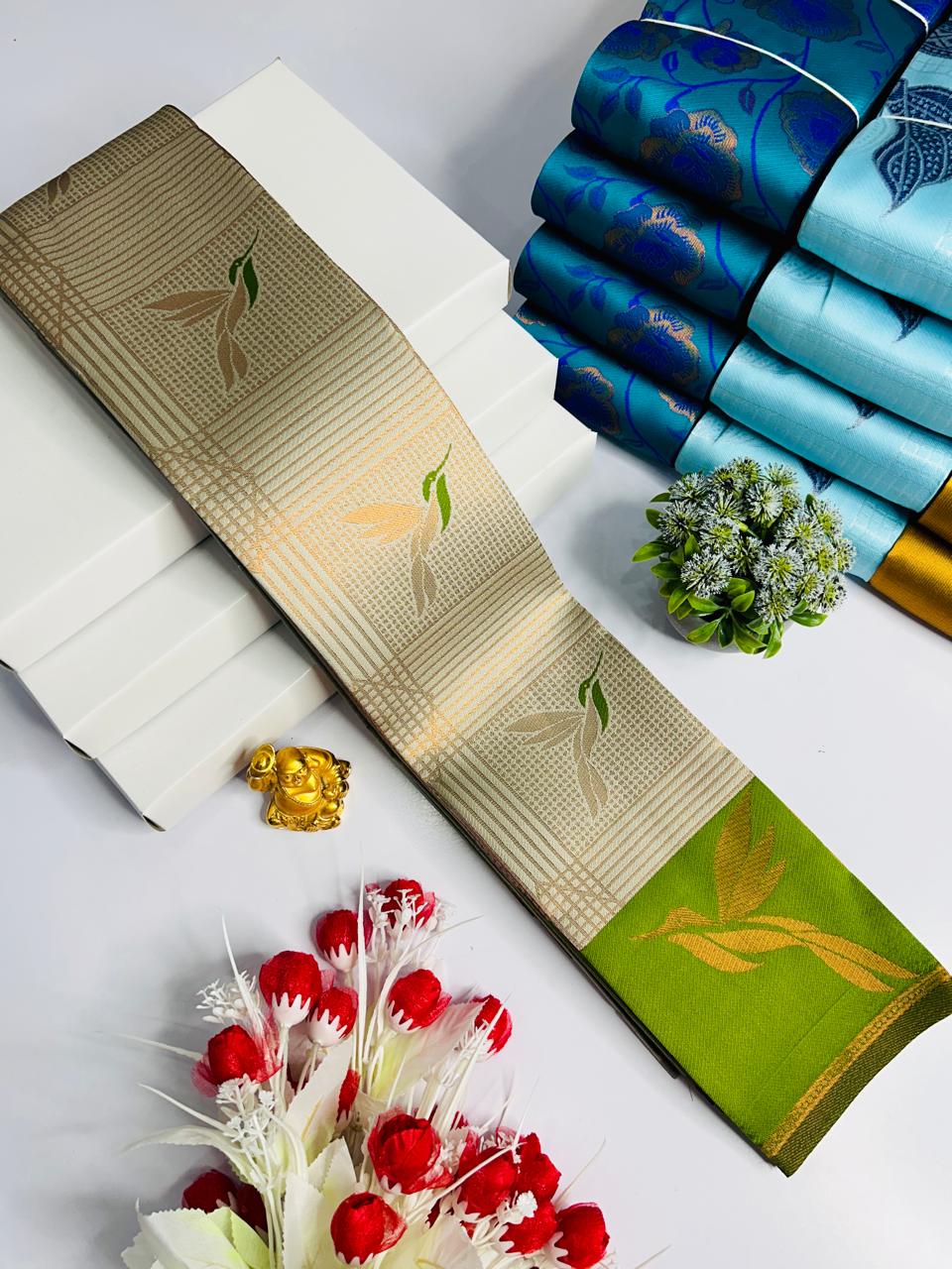 Half White and Green Bird Design Kubera Soft Silk Saree