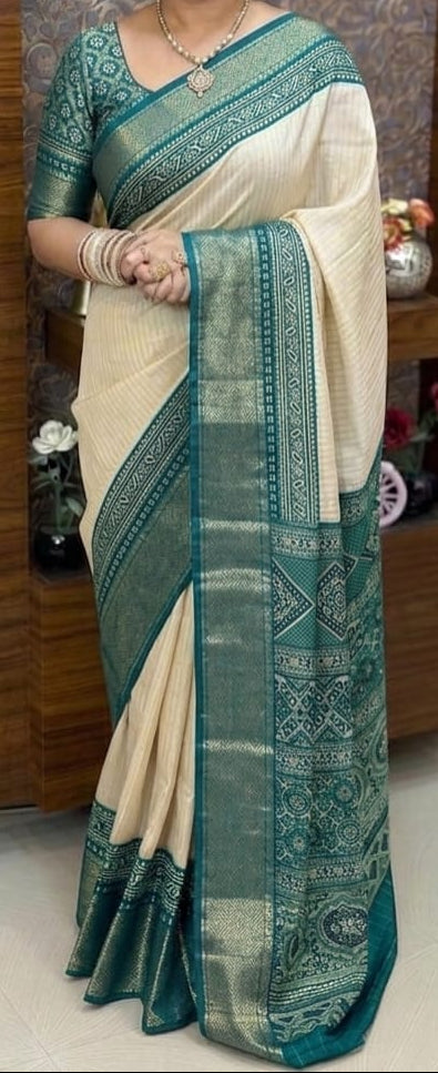 Sandal and Blue Dola Silk Saree with Bandhini Print