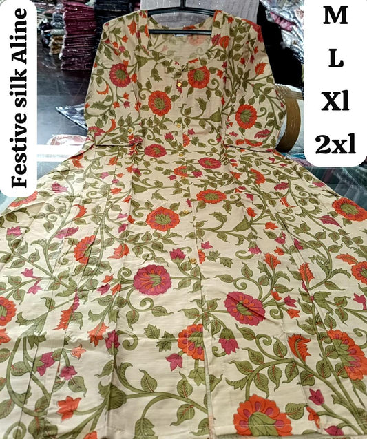Cream Floral A-line Festive Silk Kurti