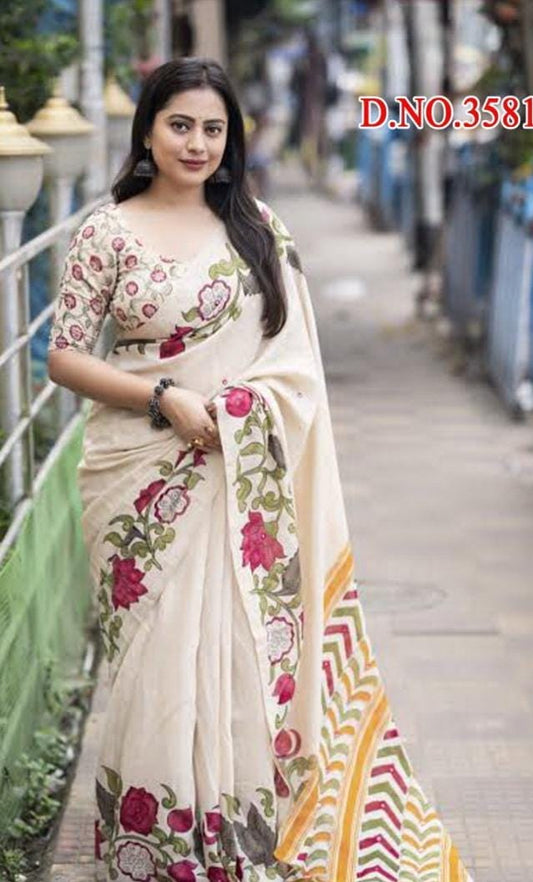 Sandal Floral Print Linen Saree