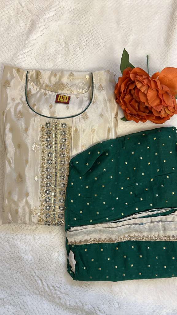 Half White and Green 3 Piece Salwar Set