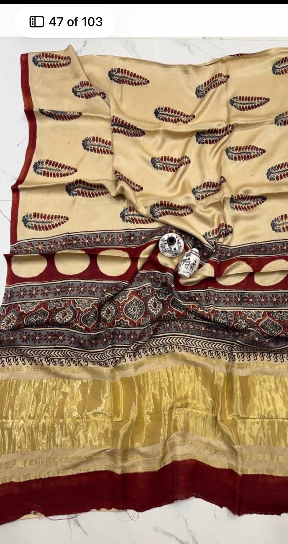 Sandal and Maroon Lagdi Patta Gajji Silk Saree