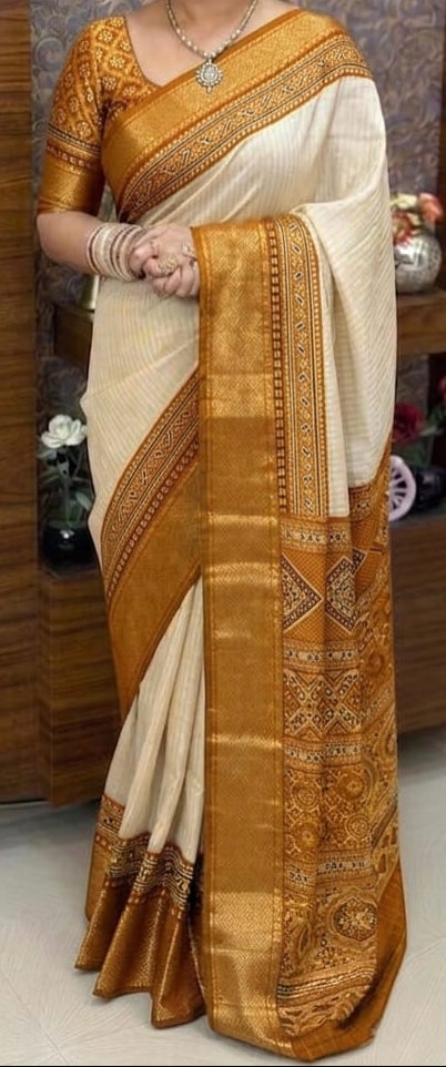 Sandal and Mustard Dola Silk Saree with Bandhini Print