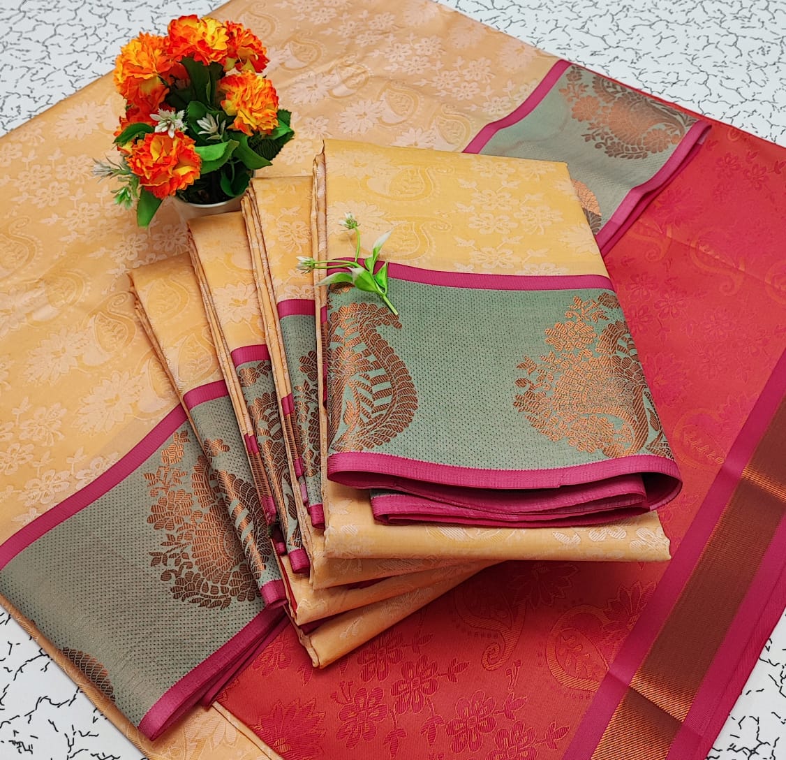 Light Sandal and Pink Embossed Soft Silk Saree