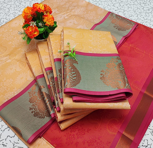 Light Sandal and Pink Embossed Soft Silk Saree