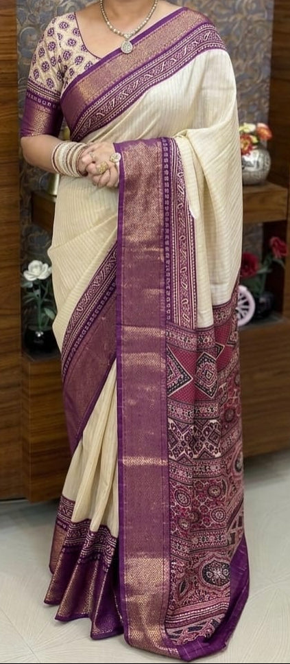 Sandal and Purple Dola Silk Saree with Bandhini Print