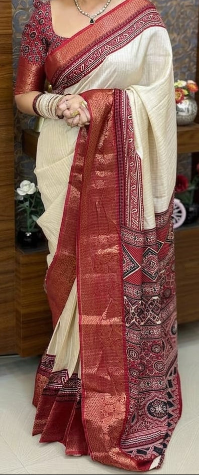 Sandal and Red Dola Silk Saree with Bandhini Print