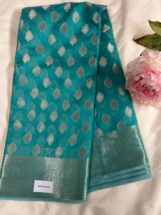 Teal Blue Georgette Silk Saree