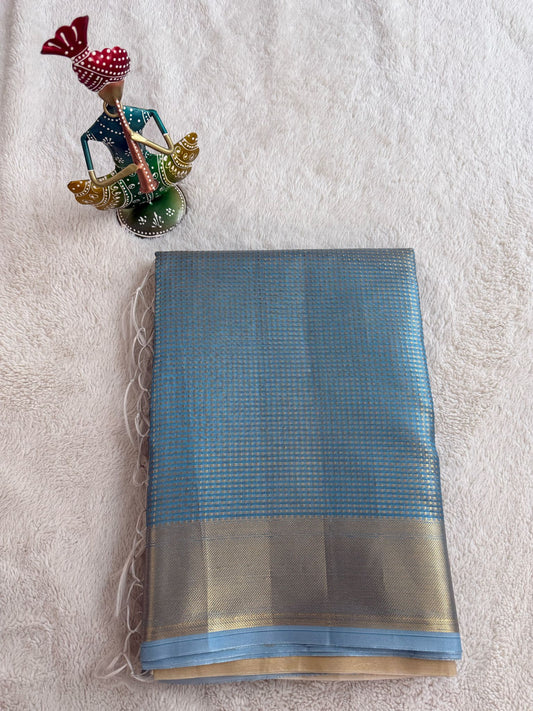 Teal Checked Tissue Saree