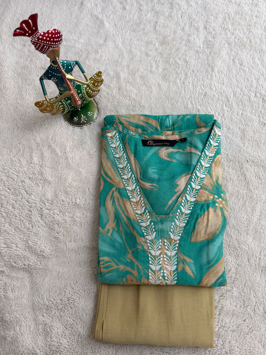Teal and Sandal V Neck 2-Piece Chudidar Set