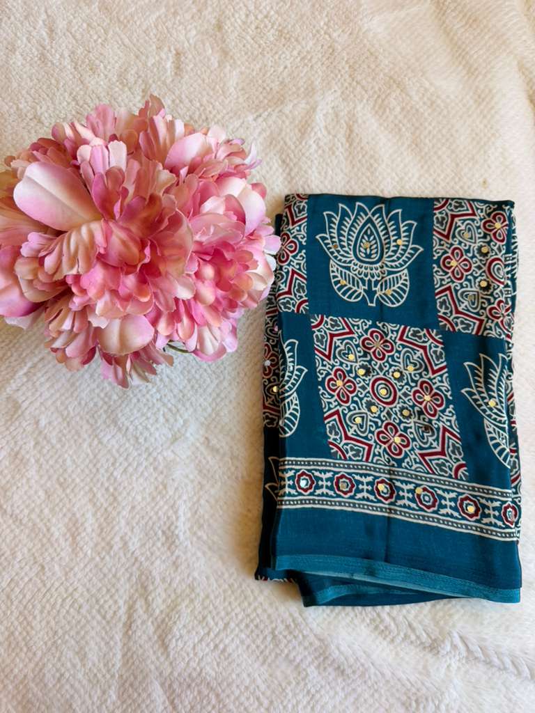 Teal Ajrakh Print Mirror Work Fancy Saree