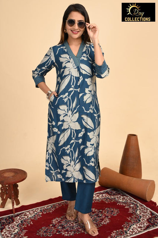 Teal Floral V Neck 2-Piece Chudidar Set