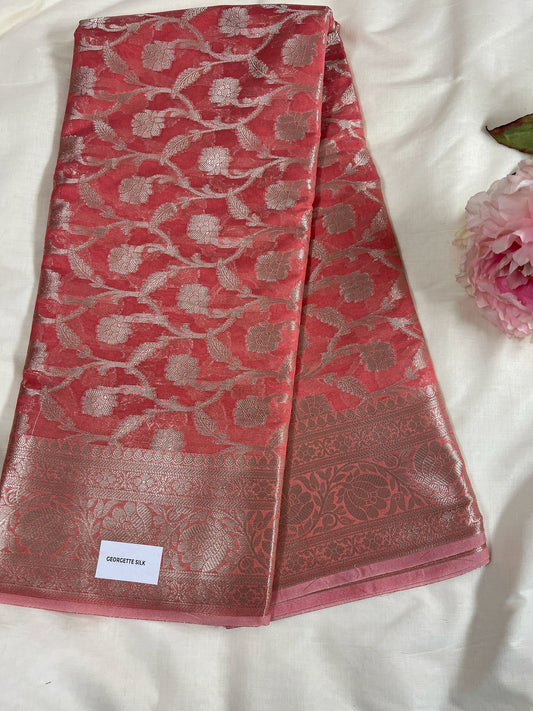 Tomato Red Georgette Silk Saree