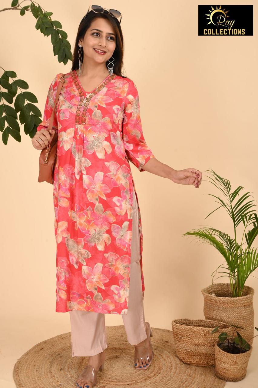 Tomato Red and Peach V Neck 2-Piece Chudidar Set