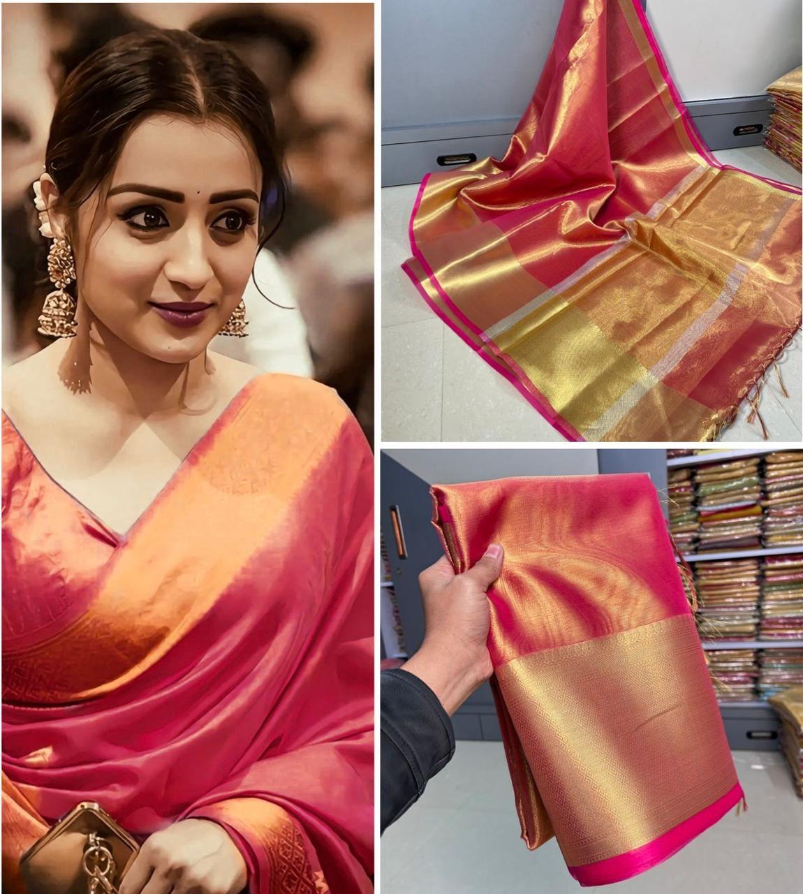 Trisha inspired Red Tissue Saree