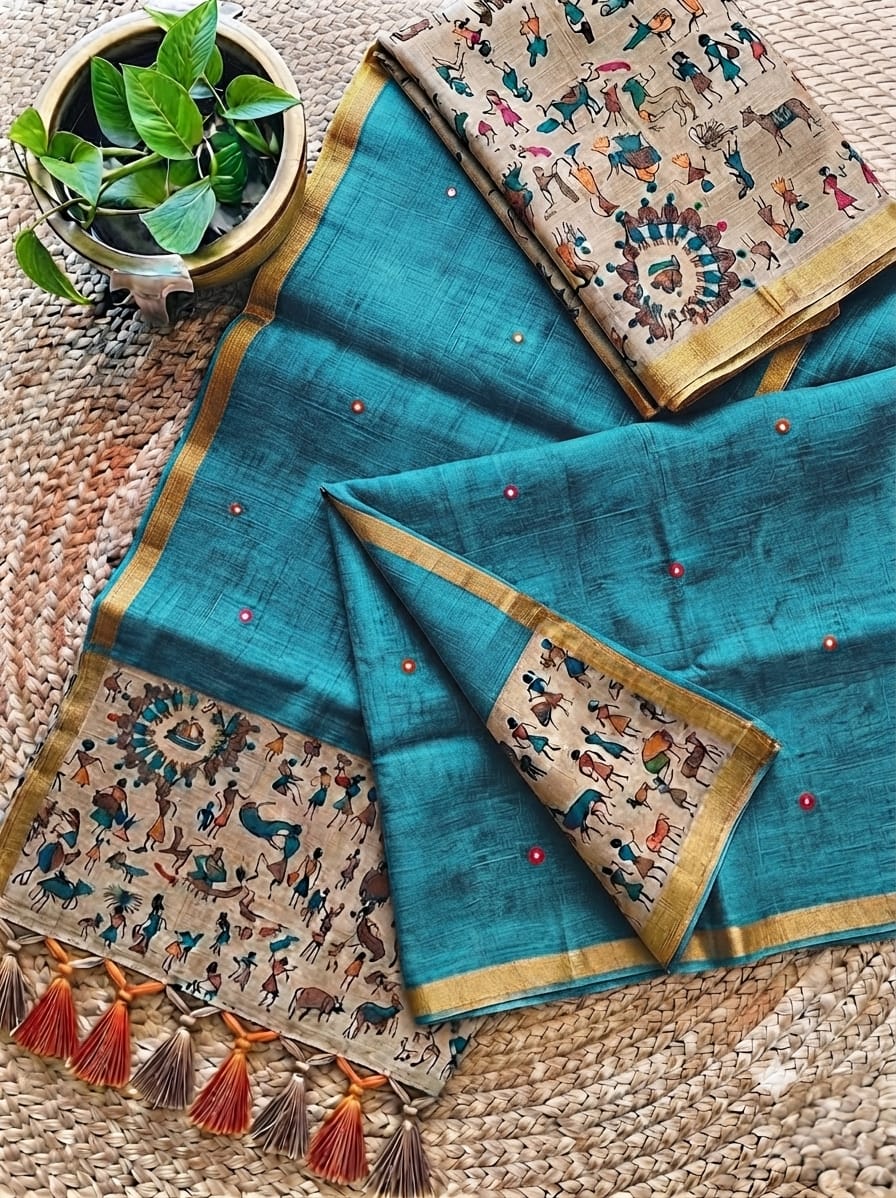 Blue Warli Pattern Linen Saree