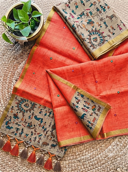 Orange Warli Pattern Linen Saree