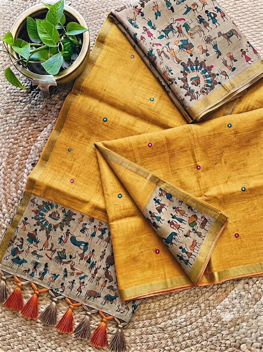 Yellow Warli Pattern Linen Saree