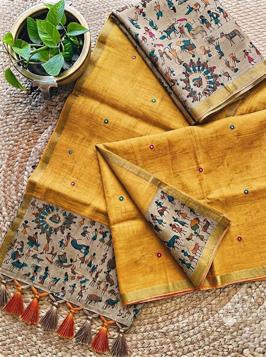 Yellow Warli Pattern Linen Saree