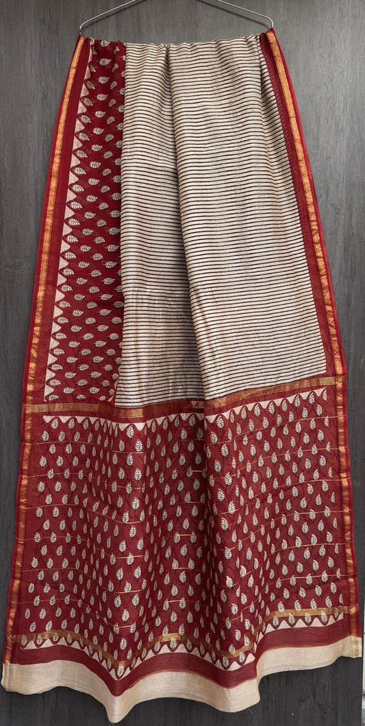 White and Maroon Chanderi Silk Saree