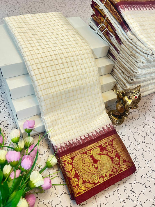 White and Red Checked Fancy Silk Saree
