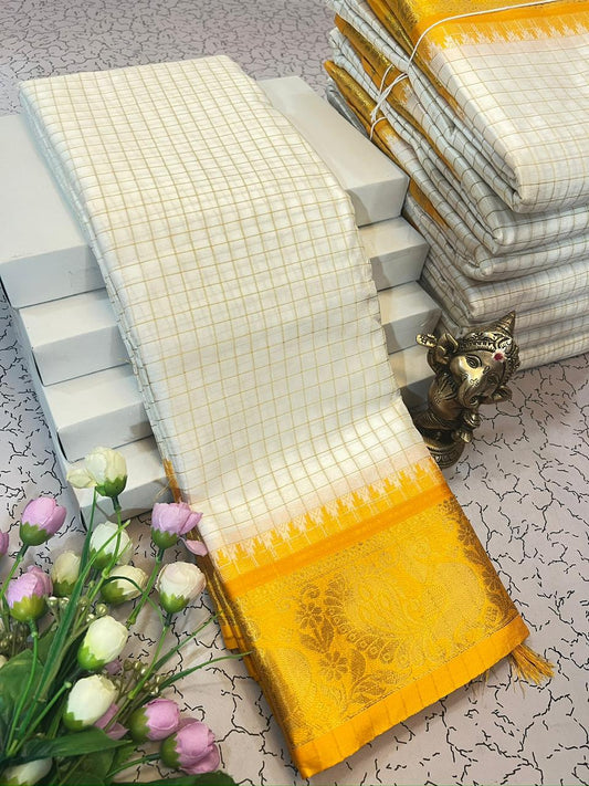 White and Yellow Checked Fancy Silk Saree