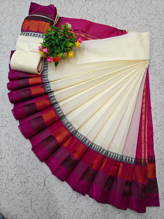 Sandal and Pink Korvai Border Silk Cotton Saree