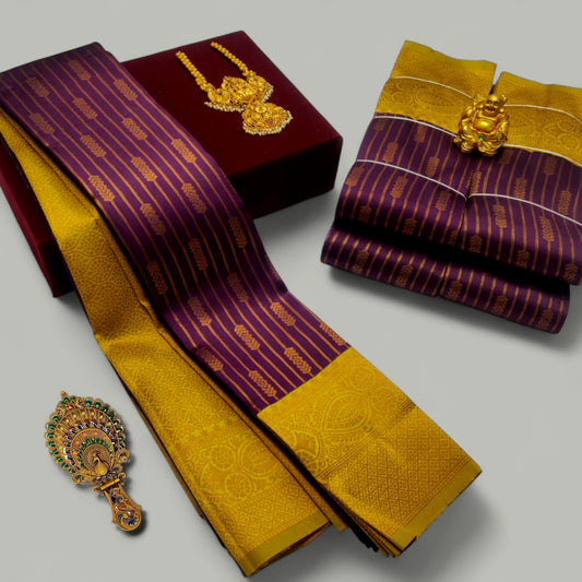 WIne and Yellow Kubera Soft Silk Saree
