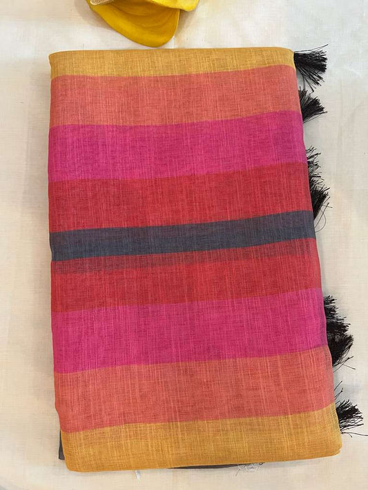 Yellow and Pink Riddhi Siddhi Linen Saree