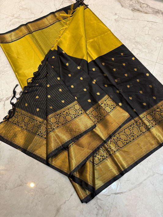 Yellow and Black Tissue Silk Saree