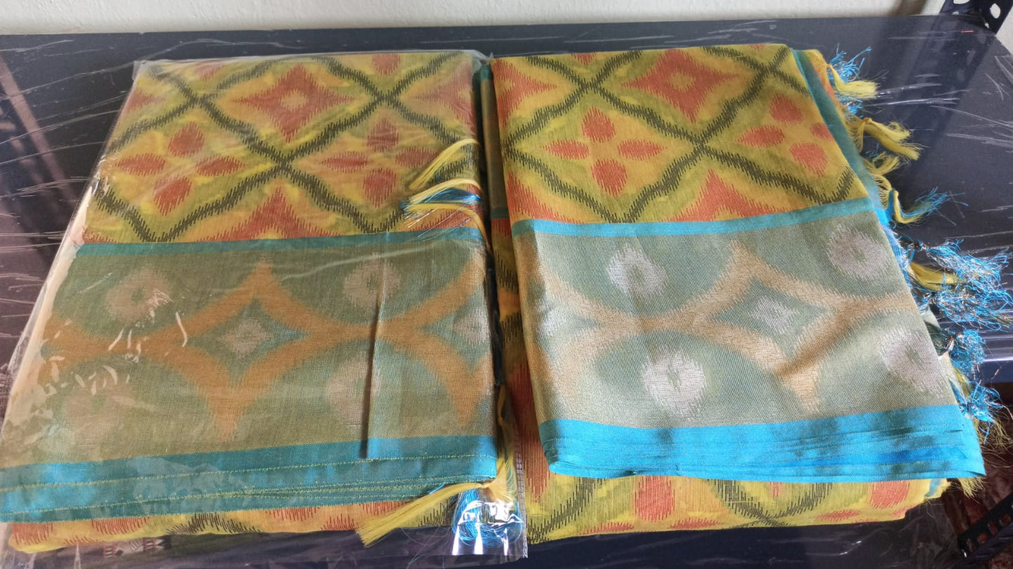 Yellow and Blue Cotton Banarasi Pochampally Saree