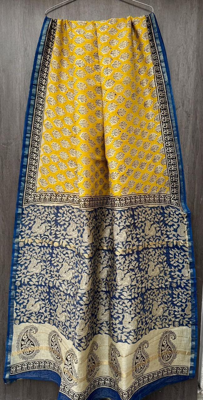 Yellow and Blue Chanderi Silk Saree
