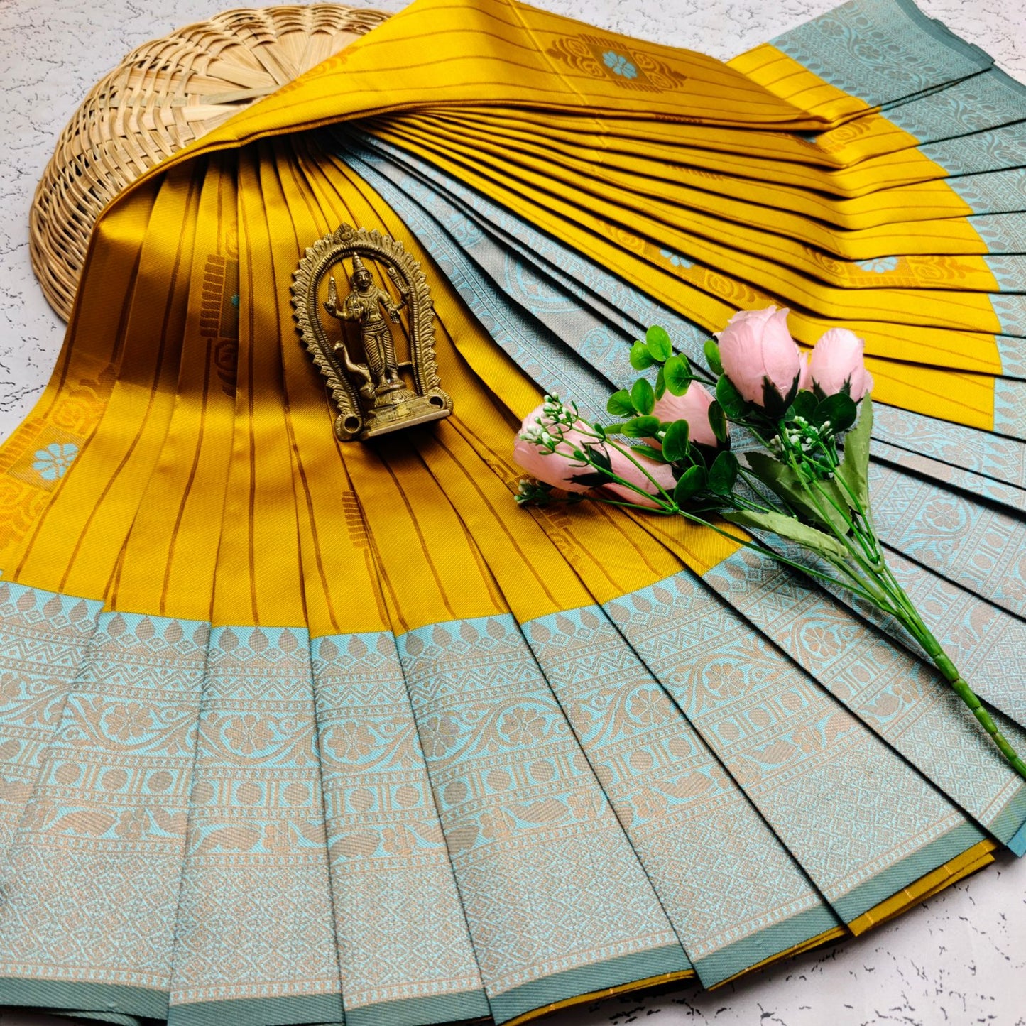 Yellow and Blue Kubera Soft Silk Saree