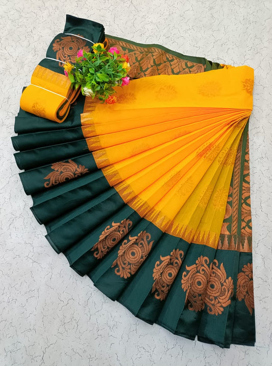 Yellow and Green Uppada Kotanji Border Silk Cotton Saree