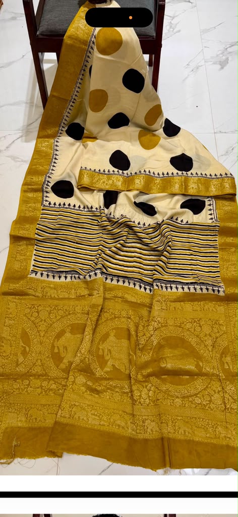 Yellow Ajrakh Print Pure Dola Silk Saree with Zari Border