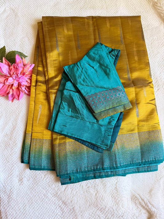 Yellow and Green Maheswari Silk Cotton Saree