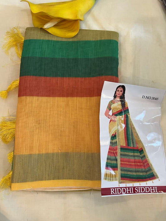 Yellow and Green Riddhi Siddhi Linen Saree