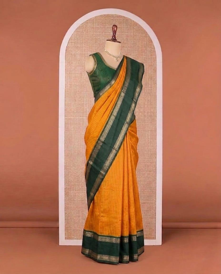 Yellow and Green Dola Zari Retta Petta Border Sari